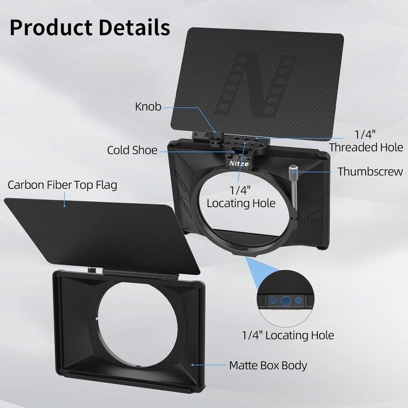 Nitze Mini Matte Box, with Carbon Fiber Top Flag, 15mm Rod and Rod Clamp, 4 Lens Adapter Rings (Φ67/72/77/82mm), Compatible with 4 x 5.65 Filter - MB15AK - Image 3